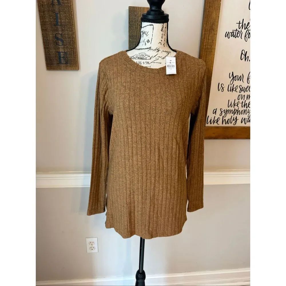 NWT Lou & Grey Women's Ribbed Long Sleeve Pullover Sweater Heather Brown Medium